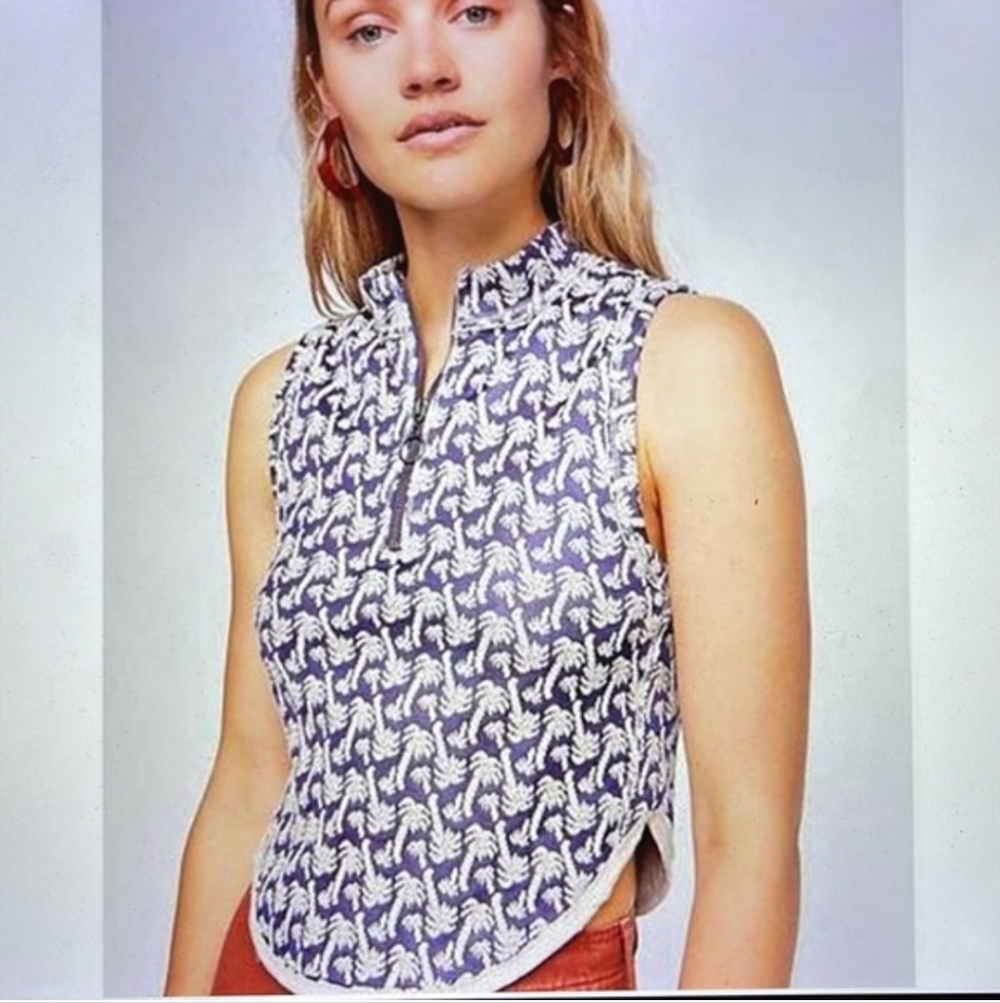 Free People‎ Jacquard Palm Tree Purple Tank Top Crop Preppy Summer Beachy Small
